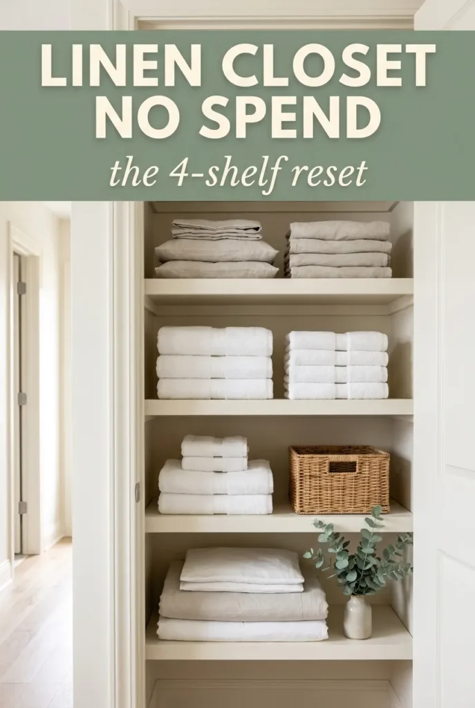 Pinterest pin showing organized linen closet using the no-spend 4-shelf reset method.