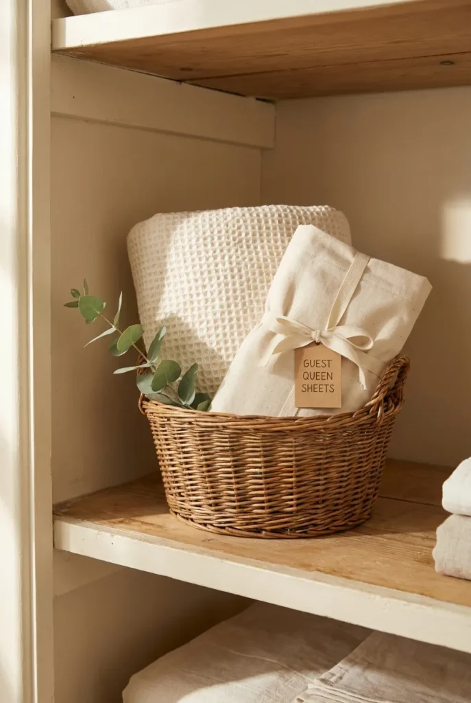 Top shelf of a linen closet with seasonal blankets and a guest sheet pouch in a wicker basket.