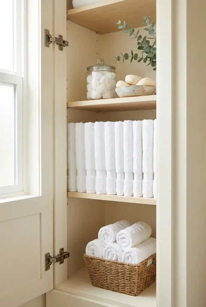 Tiny bathroom linen closet with file-folded towels, jar of cotton balls, and rolled washcloths.