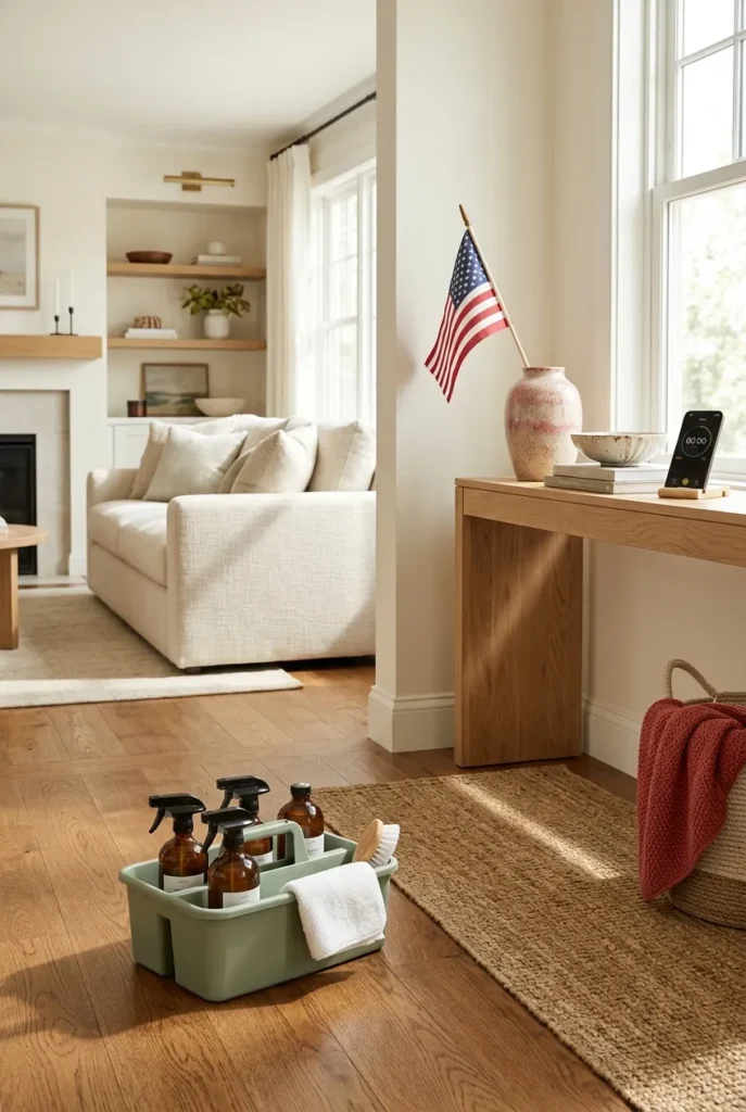 Memorial day cleaning checklist 3-hour triage scene with caddy and 60 minute timer in a living room.