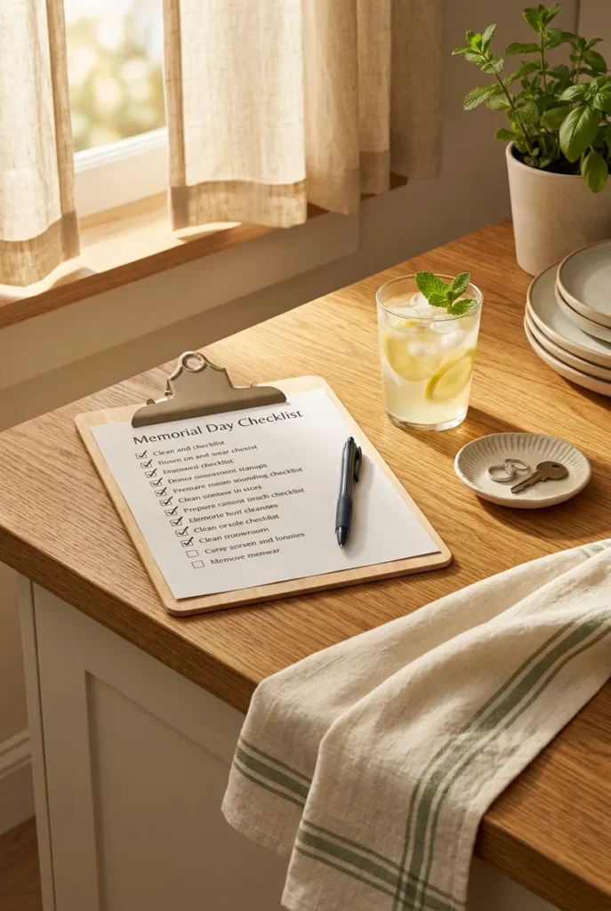 Memorial day cleaning checklist completed and clipped to a clipboard with iced lemonade on the counter.