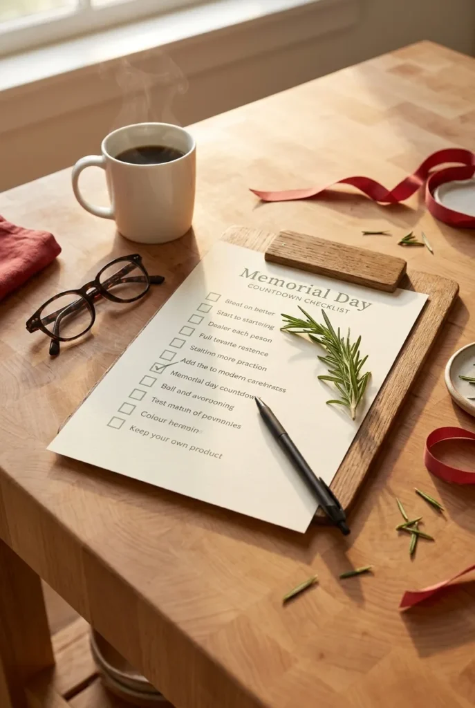 Printed memorial day cleaning checklist on a kitchen island with rosemary and a coffee mug.