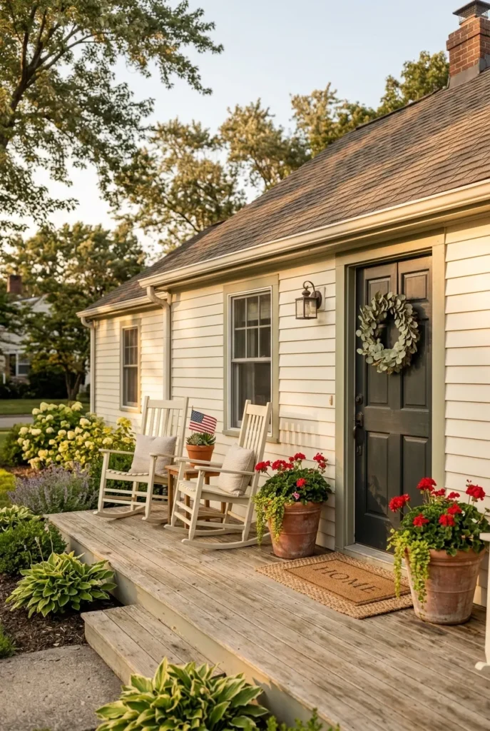 Memorial day cleaning checklist final result showing a styled front porch with flag and geraniums.