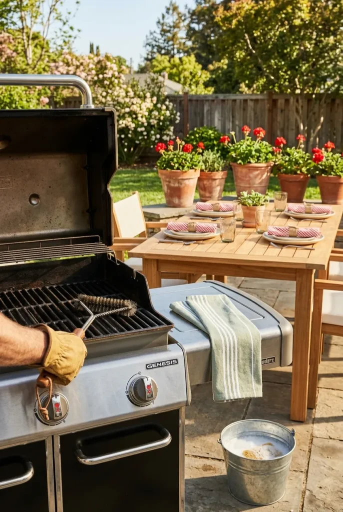 Memorial day cleaning checklist patio reset showing a grill being cleaned and a set outdoor table.