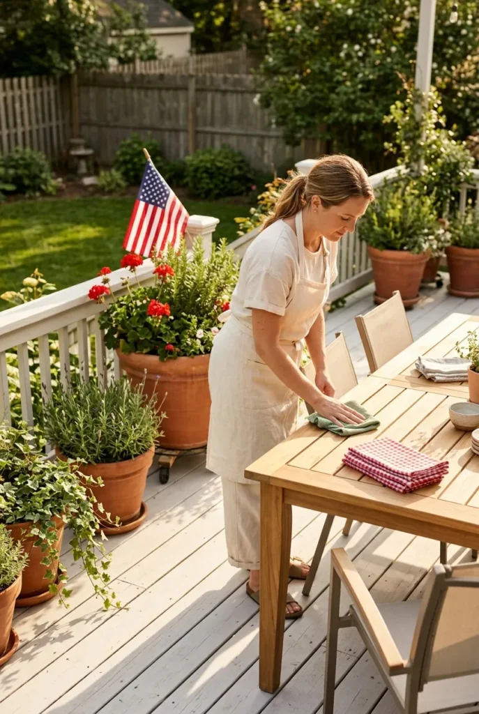 Memorial Day cleaning checklist hero showing a woman wiping a sunlit patio table before guests arrive.