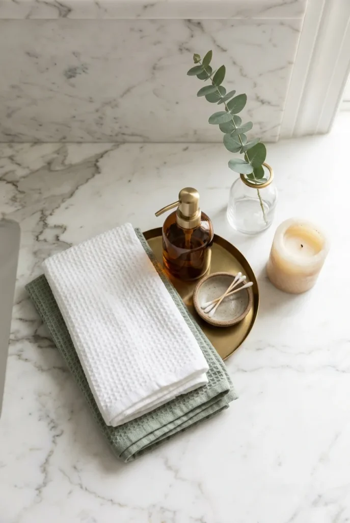Memorial day cleaning checklist powder room detail with folded waffle hand towel and eucalyptus
