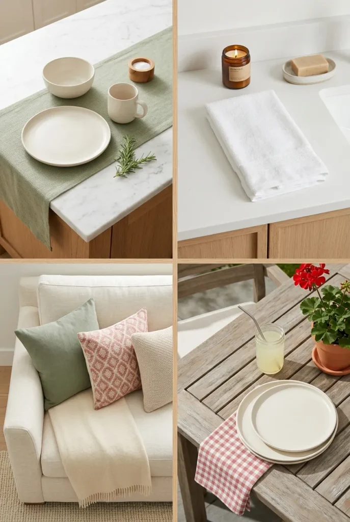 Memorial day cleaning checklist room-by-room overview with kitchen, powder room, living room, and patio.