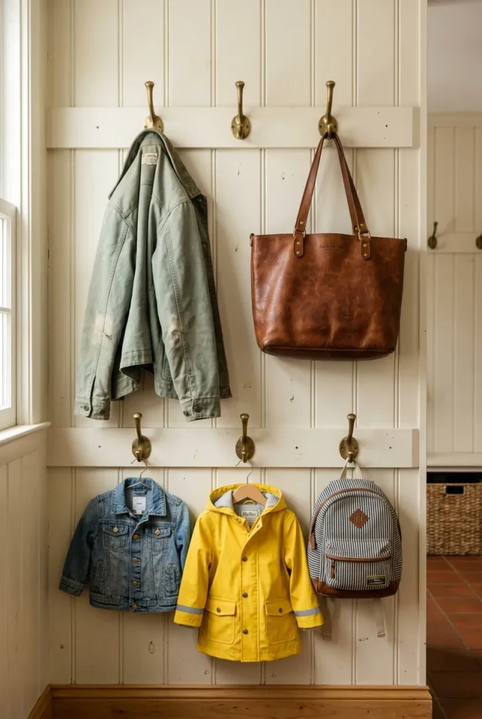 Two-row mudroom hook setup at adult and child heights