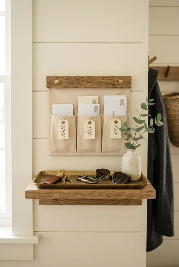 Mudroom mail station with brass key tray and three-slot mail organizer