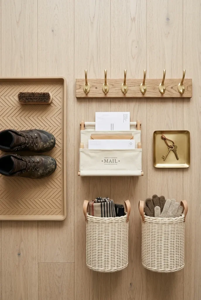 Budget mudroom organization haul under one hundred dollars with boot tray, peg rail, and baskets