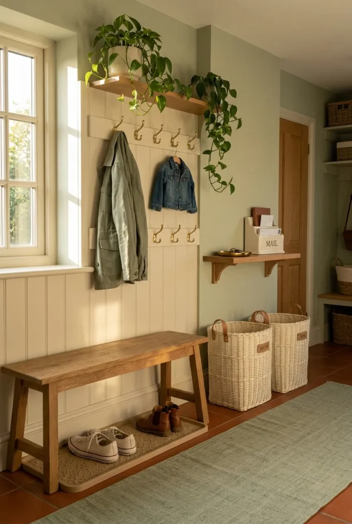 Fully organized family mudroom using the 4-Zone System with hooks, bench, and baskets