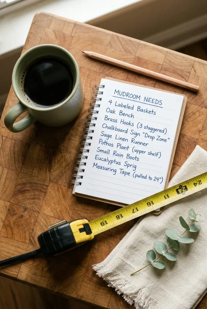 Notebook and measuring tape planning a mudroom organization layout