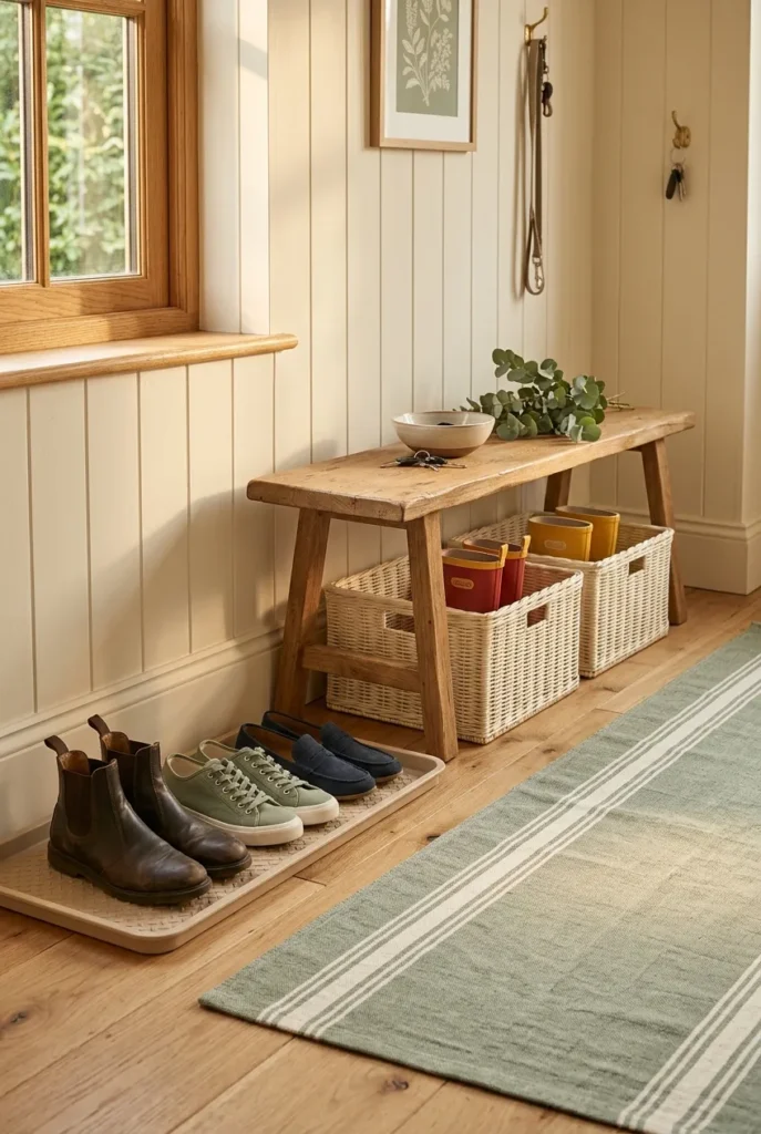 Mudroom shoe organization with oak bench, wicker bins, and rubber boot tray