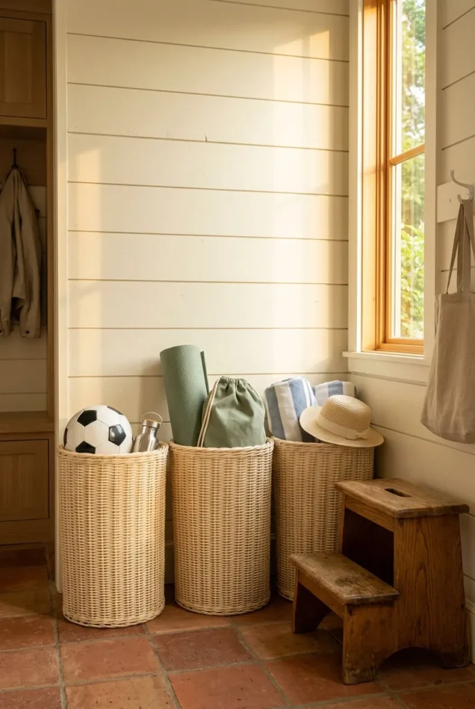 Three tall wicker baskets organizing sports and seasonal gear in a mudroom