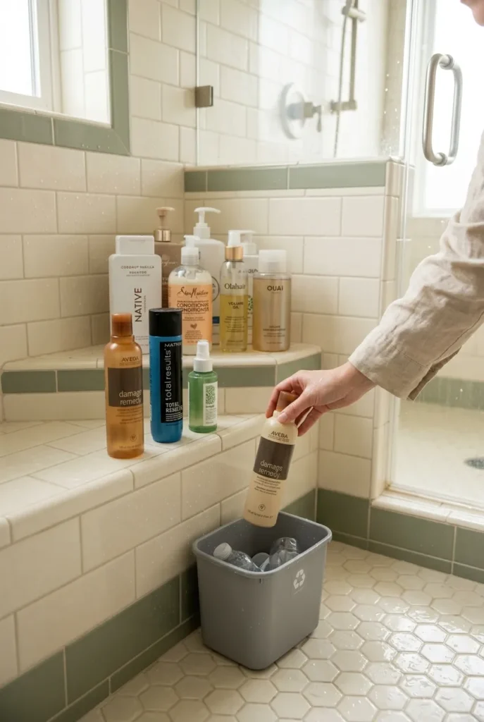 Old hair products pulled from a shower shelf for recycling during a bathroom decluttering session.