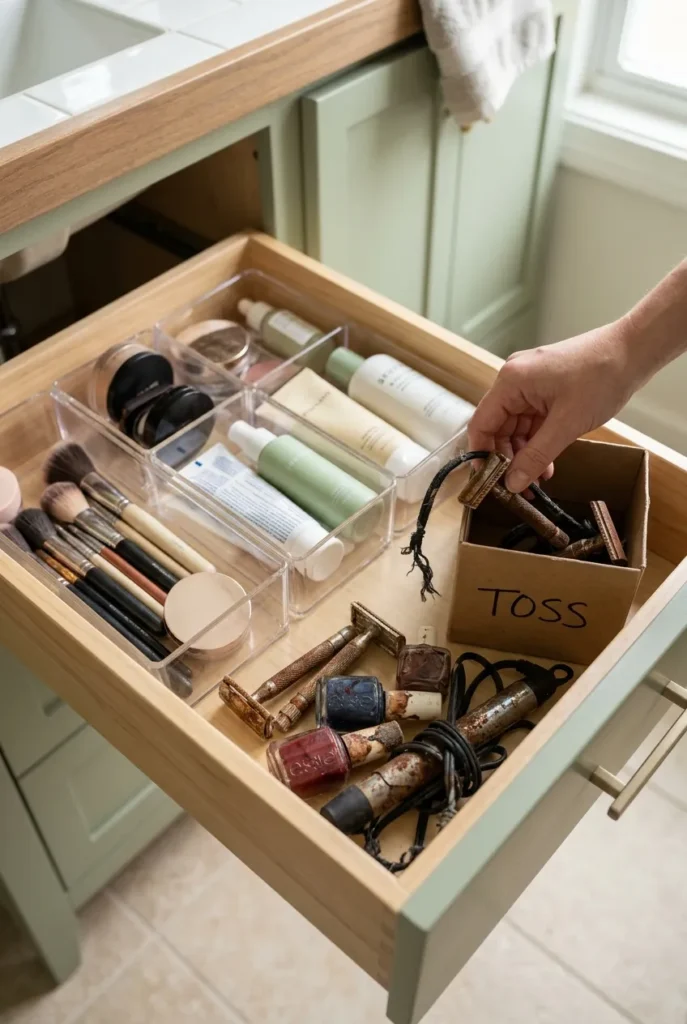 Old razors, dried nail polish, and a rusted curling iron pulled from a bathroom drawer for safe disposal.