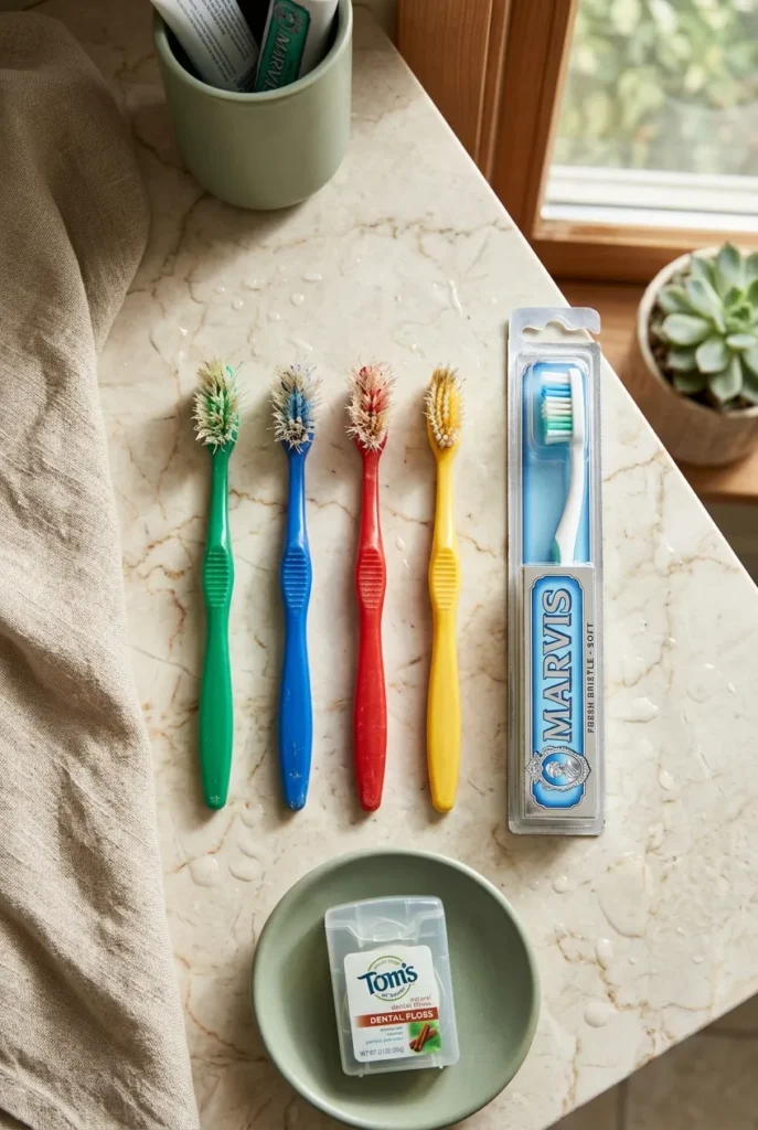 Old toothbrushes with frayed bristles ready to toss next to one fresh replacement on a bathroom counter.