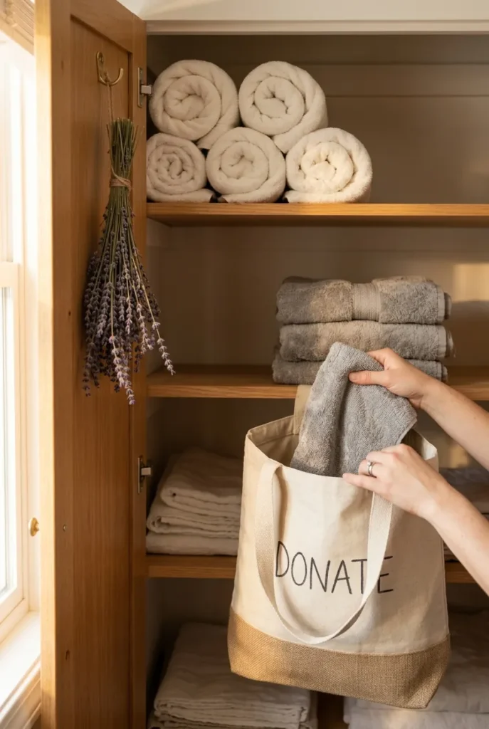 Old dingy bathroom towels being sorted into a donate tote next to a stack of fresh rolled towels.