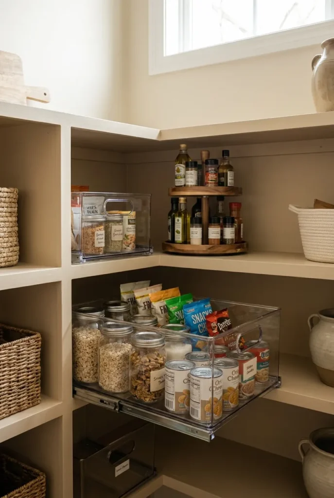 How to organize a pantry with deep shelves using pull-out bins and a corner turntable