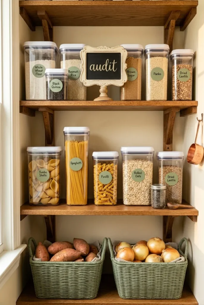 Fully organized pantry after auditing expired pantry items with labeled containers.