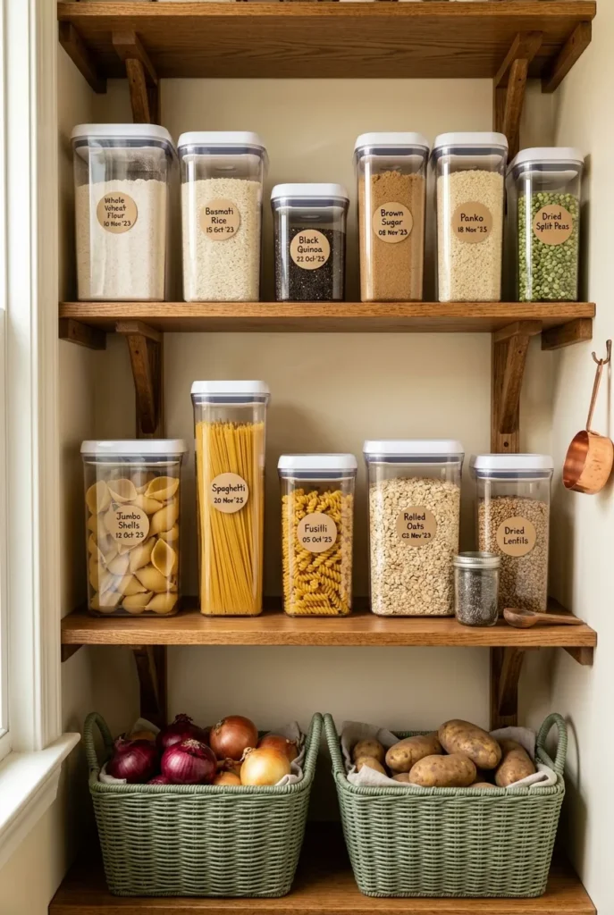 Organized pantry with decanted containers and open date labels to prevent expired pantry items.
