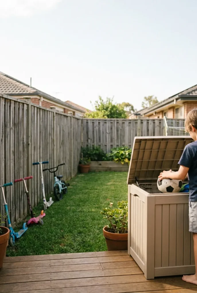 Outdoor toy storage ideas in a tidy backyard with a resin deck box and parked scooters.