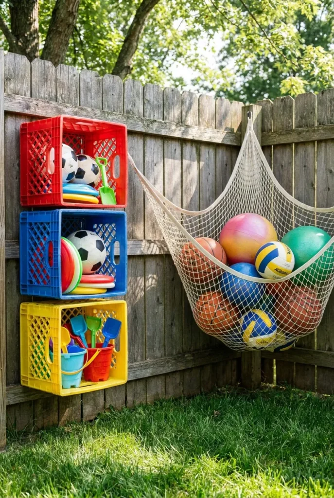 DIY outdoor toy storage ideas with fence-mounted crates and a hanging ball net.