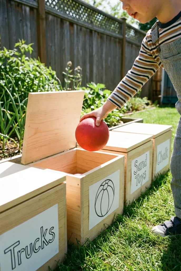 Outdoor toy storage ideas that help kids return toys to low, labeled bins themselves.