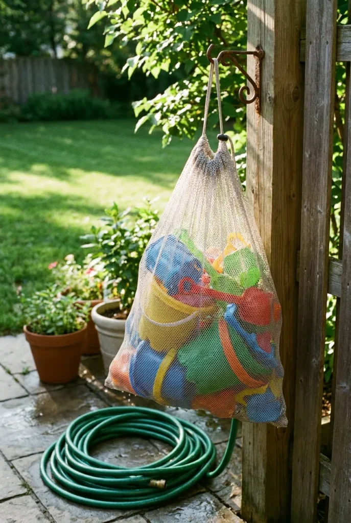 Waterproof outdoor toy storage ideas using a mesh bag that drains and dries wet toys.