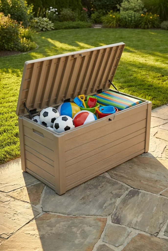 Outdoor toy storage ideas using a weatherproof resin deck box full of backyard toys.