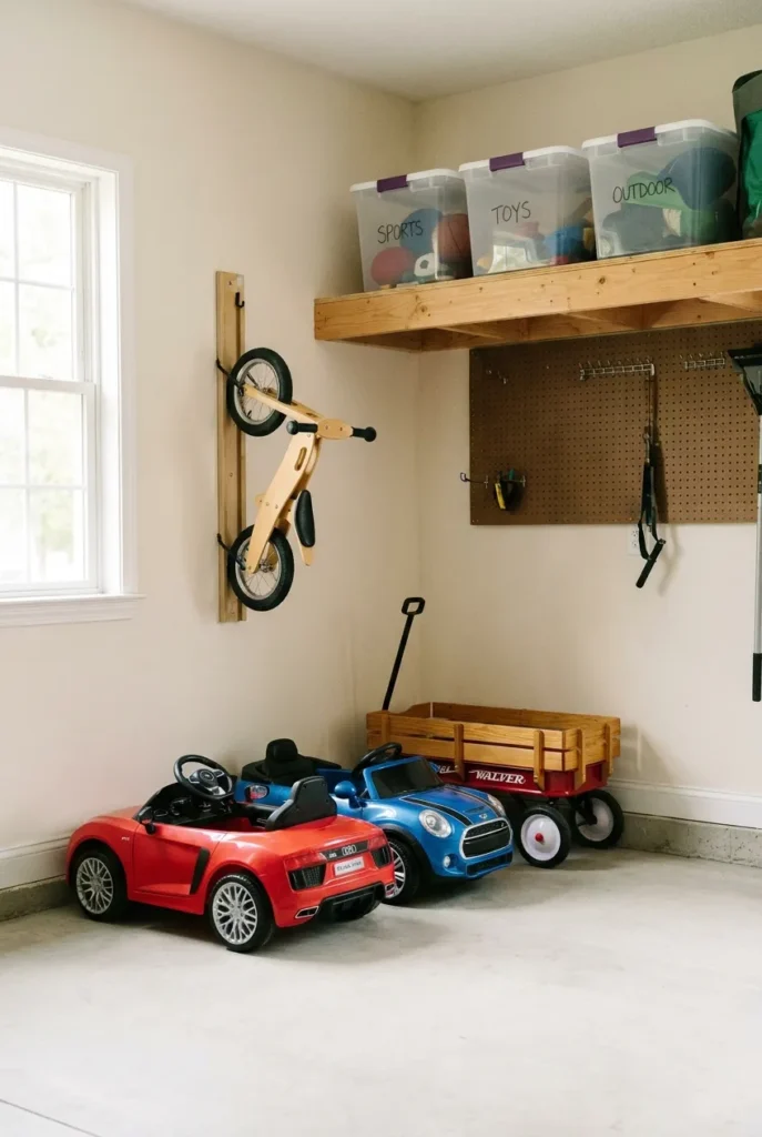 Outdoor toy storage ideas for ride-on toys and bikes parked neatly in a garage.