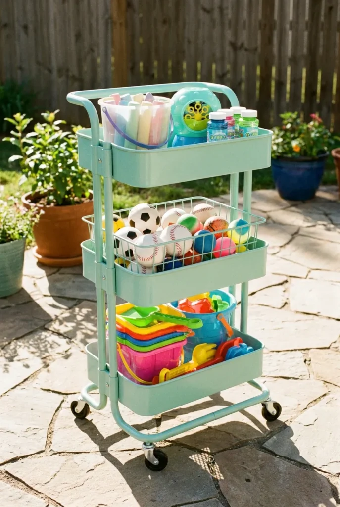 Outdoor toy storage ideas using a rolling cart for chalk, bubbles, and small toys.