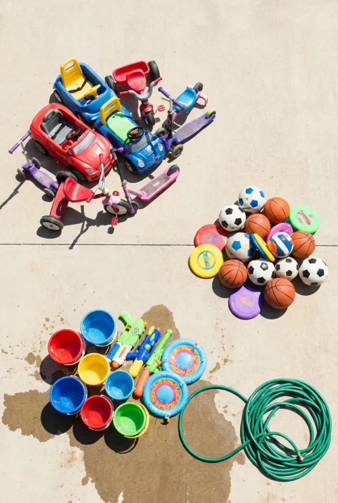Outdoor toy storage ideas start with sorting toys into sun, shade, and splash groups.