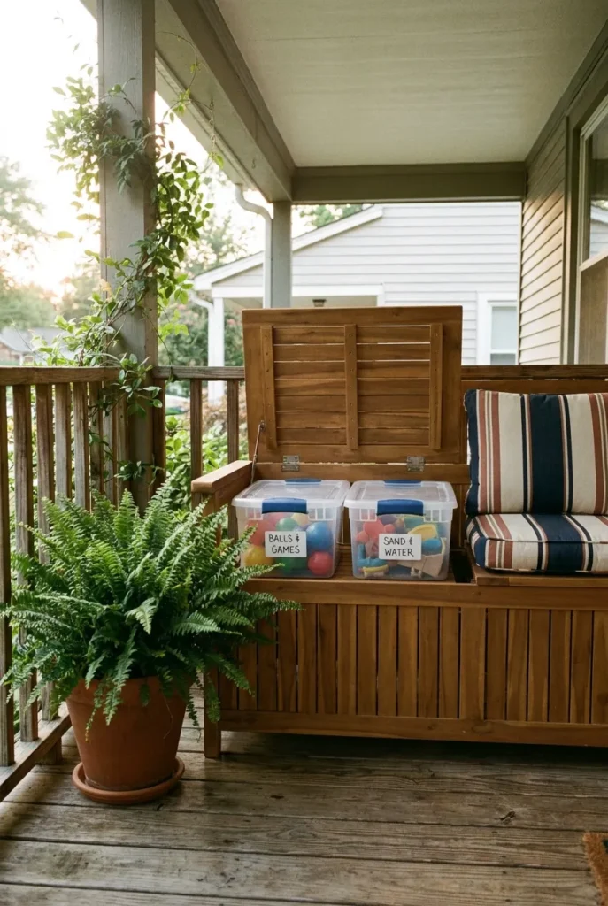Outdoor toy storage ideas with a storage bench and labeled bins for sorted toys.