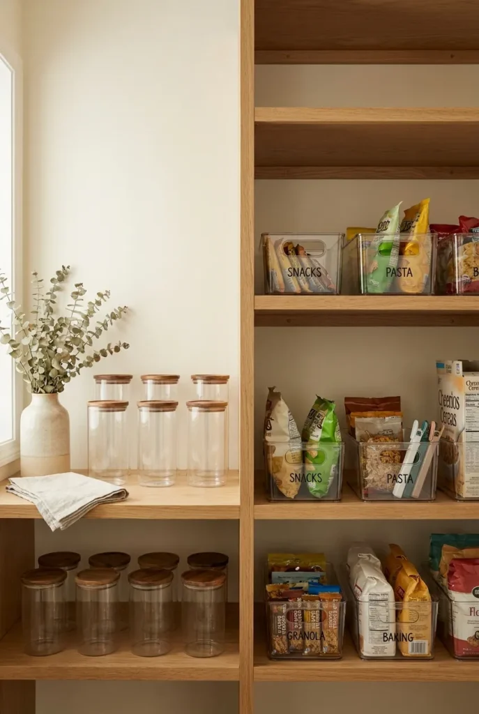 Pantry organization essentials compared, decorative glass jars versus practical clear bins