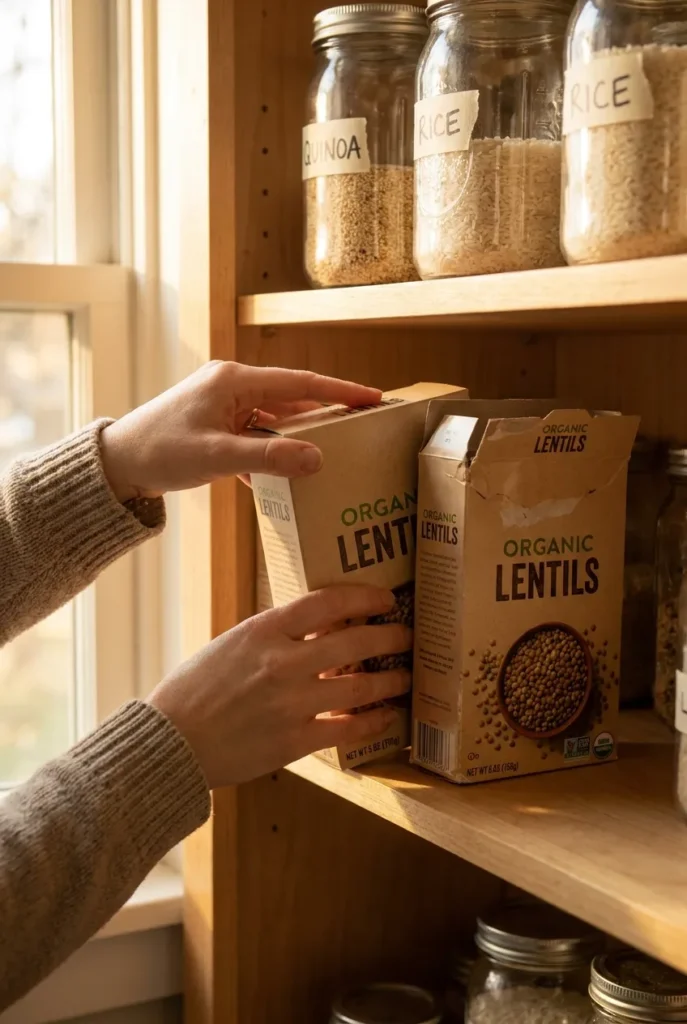 Pantry storage essentials maintained with a FIFO rotation rule, placing new items behind old