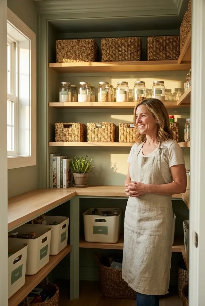 Pantry organization essentials in a finished cozy pantry with clear containers and zones