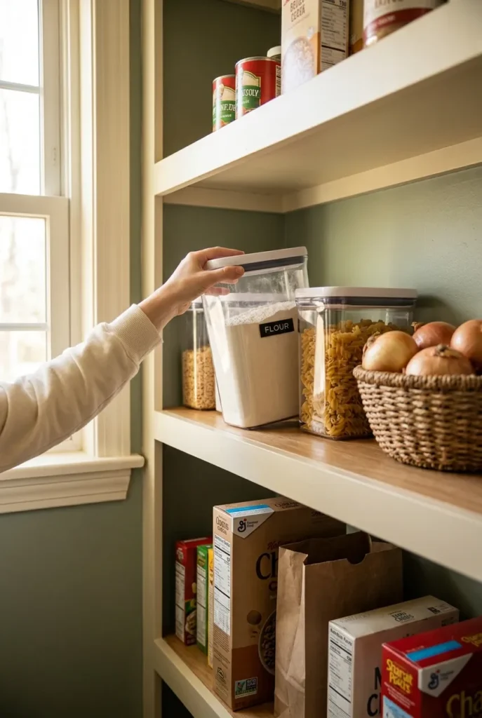 Pantry organization essentials on a wood shelf with clear containers and a woven basket
