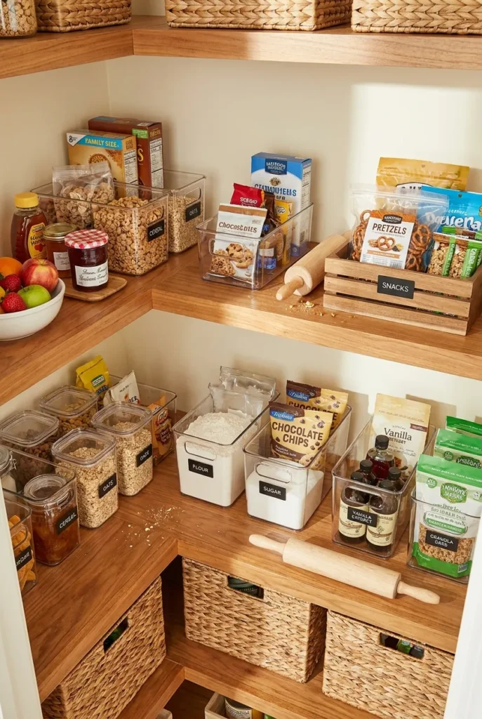 Pantry organization examples showing zones for breakfast, baking, and snacks