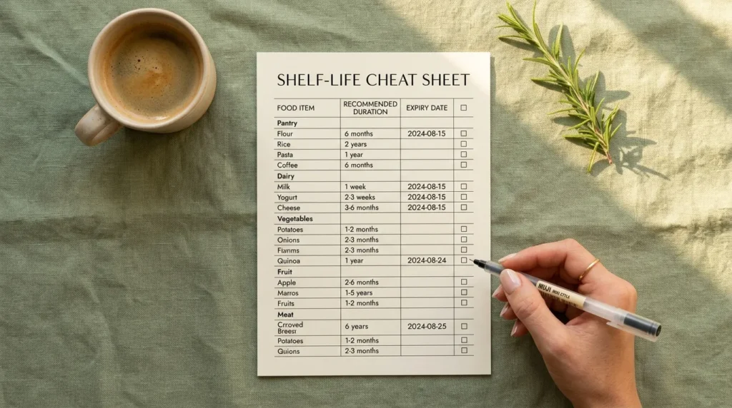 Printable shelf life cheat sheet for tracking expired pantry items and pantry expiration dates.