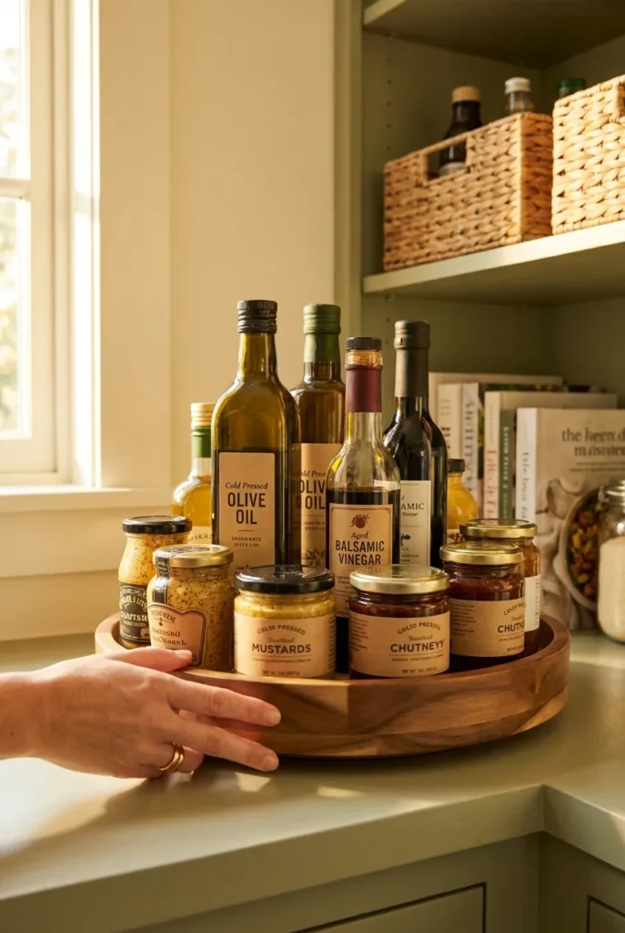 Pantry storage essentials including a lazy Susan turntable for oils and condiments