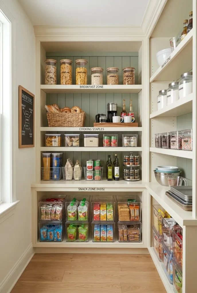 Pantry organization examples using a four-zone method from eye level to floor