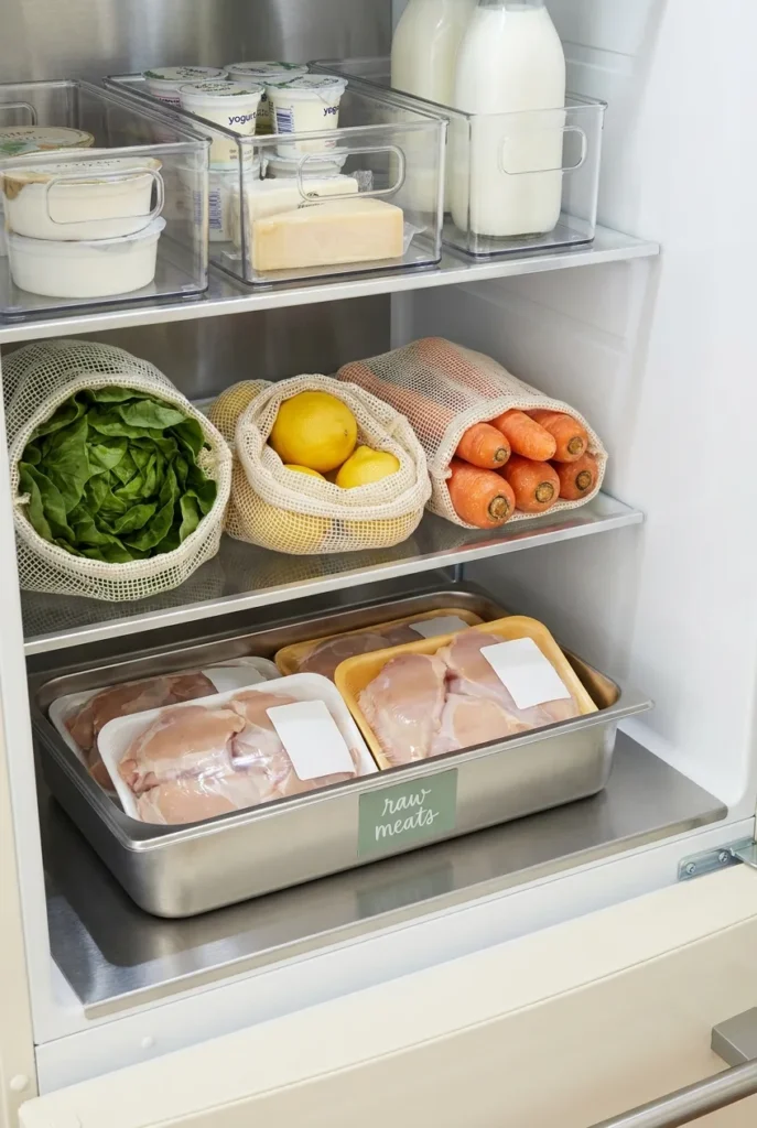 Raw meat stored safely in original packaging on a labeled tray on the bottom shelf of an organized fridge.