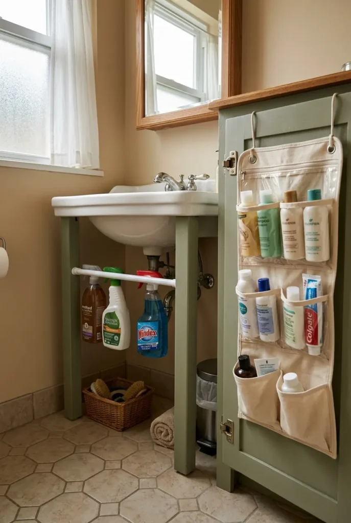 Renter friendly under sink bathroom organization with tension rod and over the door pocket organizer.