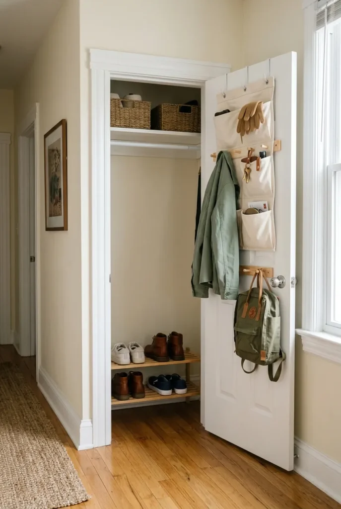 No-drill rental mudroom inside a hall closet using tension rod and Command Hooks