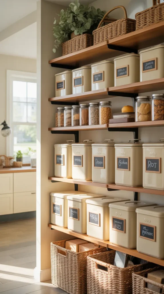 organized walk in pantry with cream OXO canisters, woven baskets, and chalkboard labels in a Modern Farmhouse style