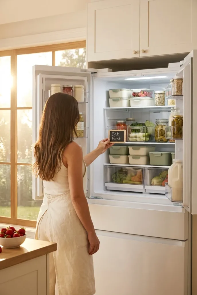 Organized fridge interior with eat-first bin label held by a hand in a sunlit kitchen.