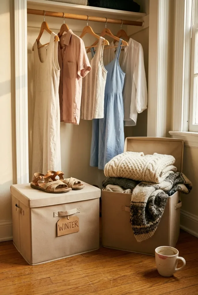 Seasonal closet swap with labeled bins fixing closet organization mistakes
