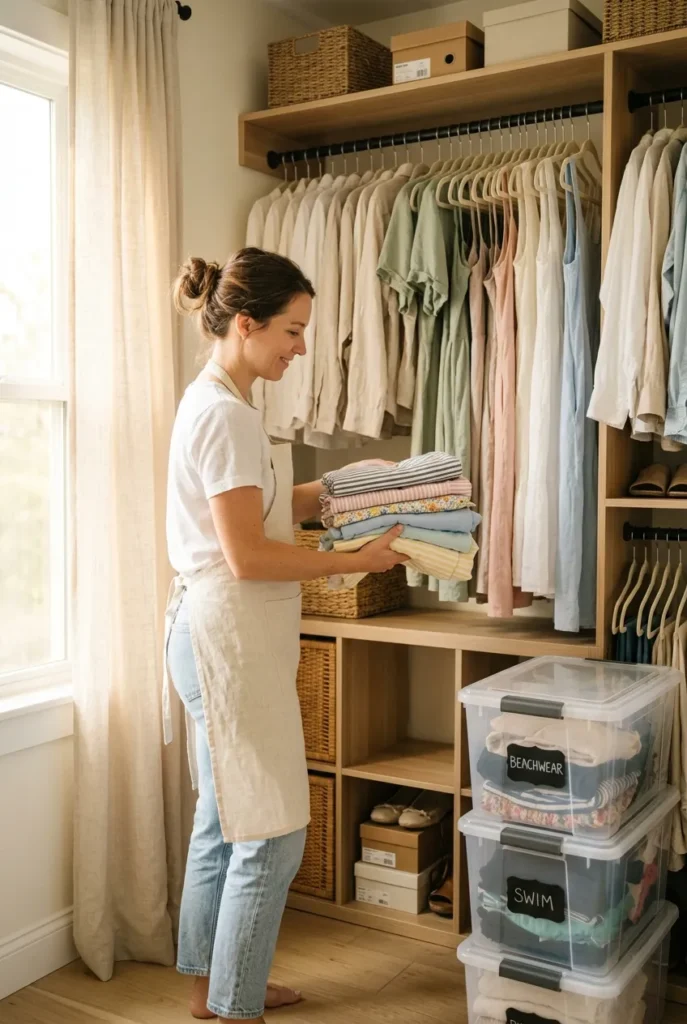 Summer closet organization hero shot with woman folding cotton dresses into a cube shelf