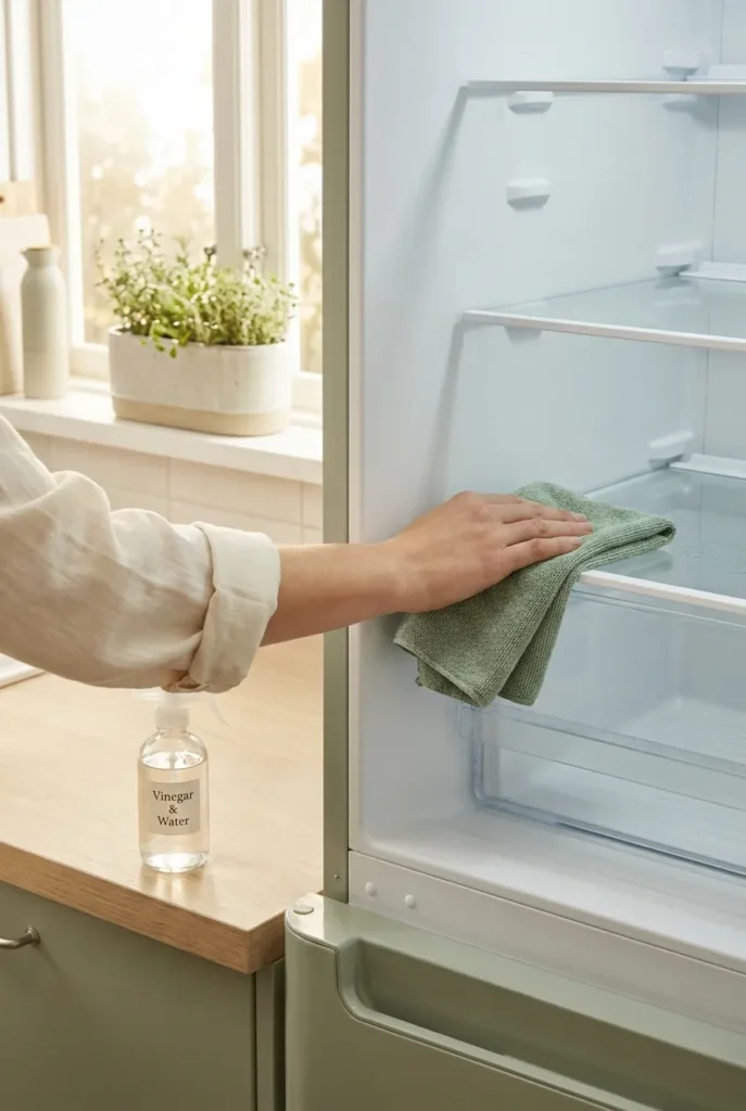 Hand wiping a fridge shelf with a microfiber cloth during a weekly 10-minute reset.
